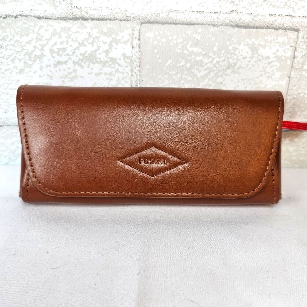 Fossil Eyeglass Sunglasses Case Brown Faux Leather Red Pull Cord Cleaning Cloth